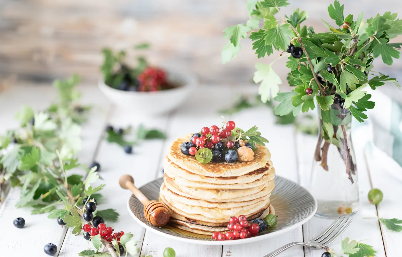 Photo wallpaper branches, berries, table, Breakfast, plate, pancakes, Karina Klachuk