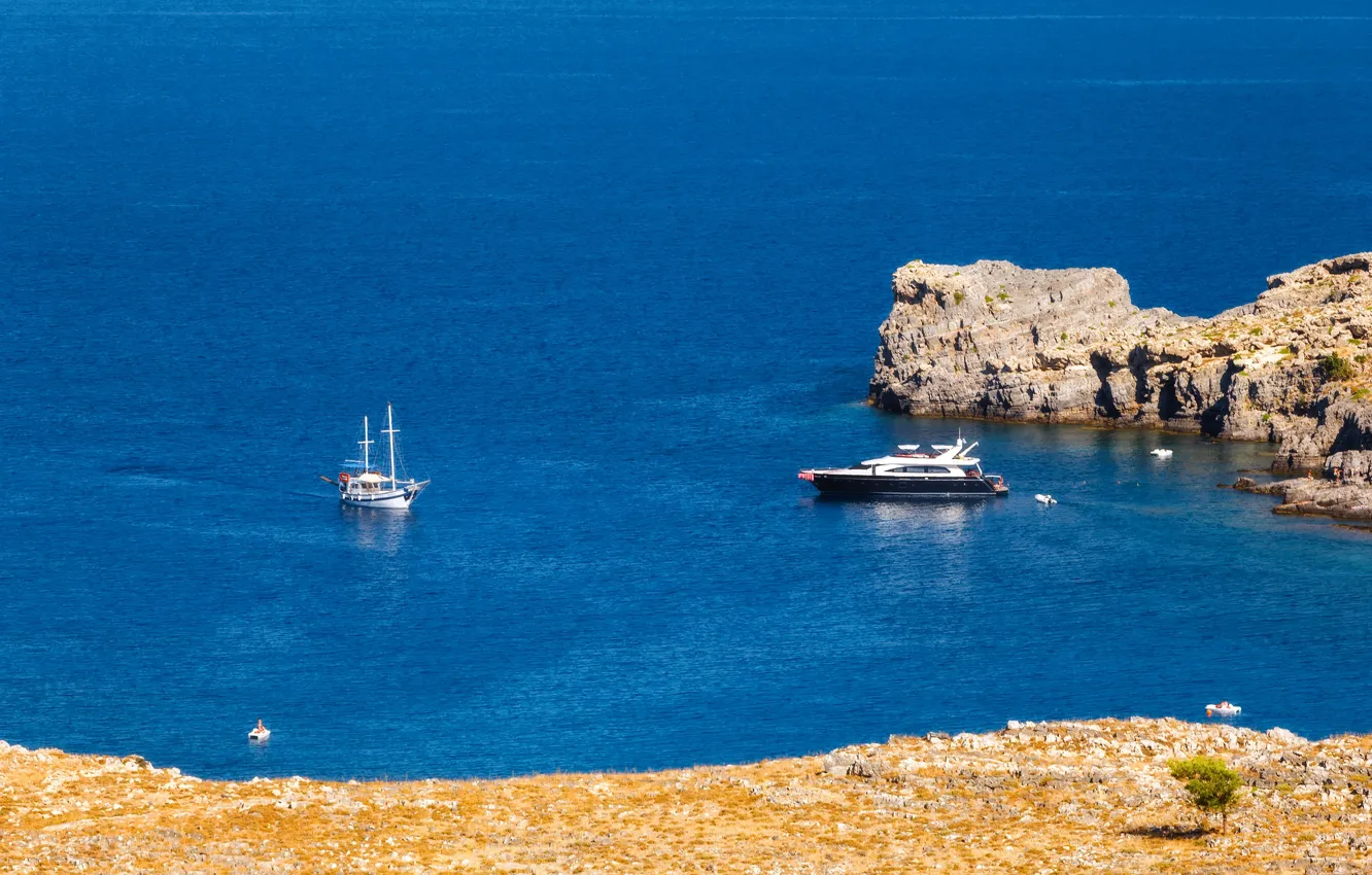 Photo wallpaper sea, stones, rocks, shore, yachts, Greece, Rhodes Island