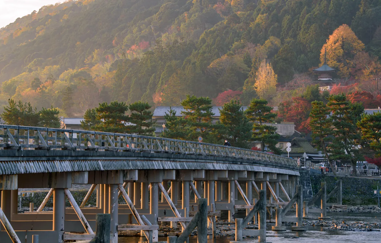 Photo wallpaper Nature, Bridge, River, Japan, Kyoto, Arashiyama, Togetsu-ke
