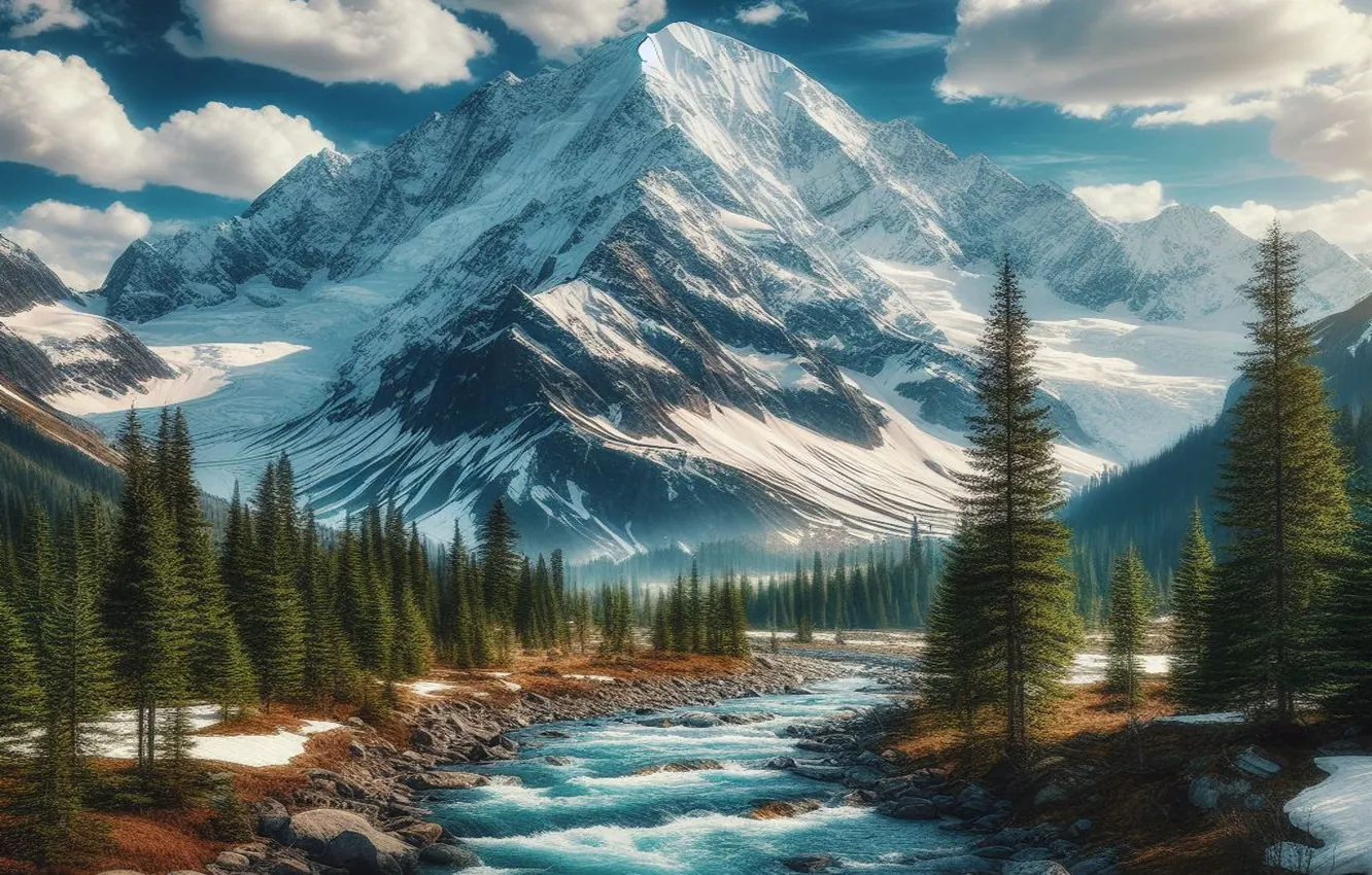 Photo wallpaper winter, forest, the sky, clouds, snow, mountains, river, blue