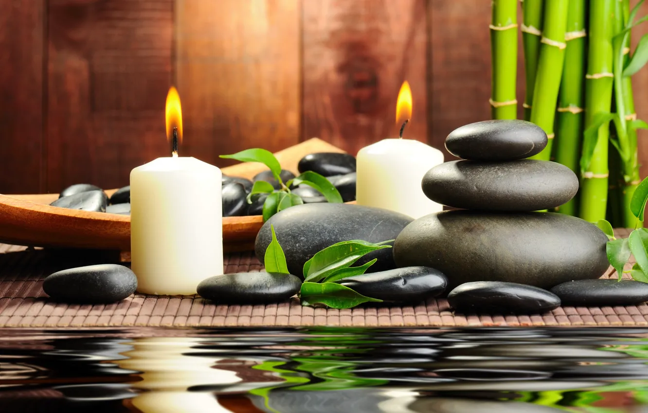 Photo wallpaper water, stones, candles, bamboo, black, Spa, spa, massage