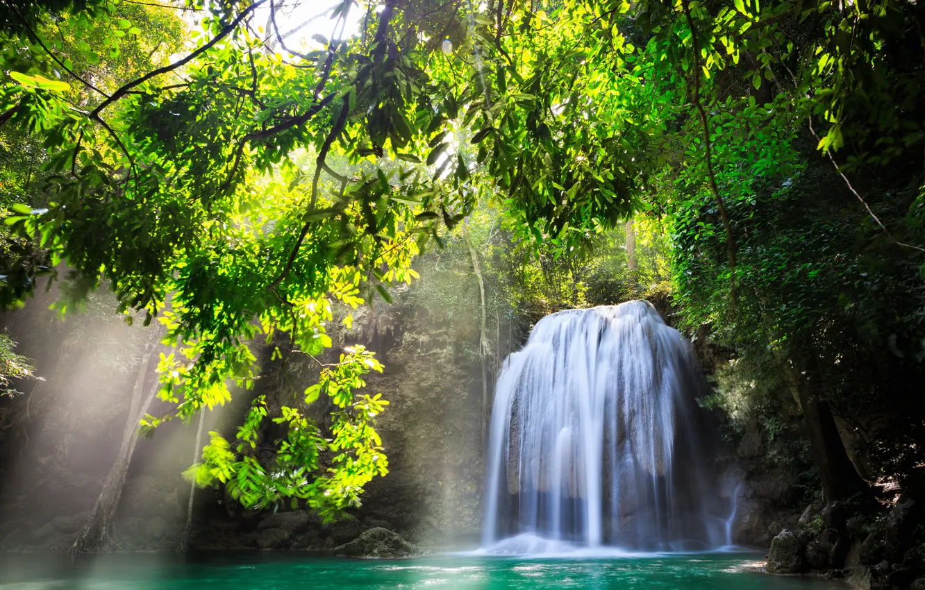 Photo wallpaper water, the sun, trees, nature, waterfall, beautiful, Thailand, the sun's rays