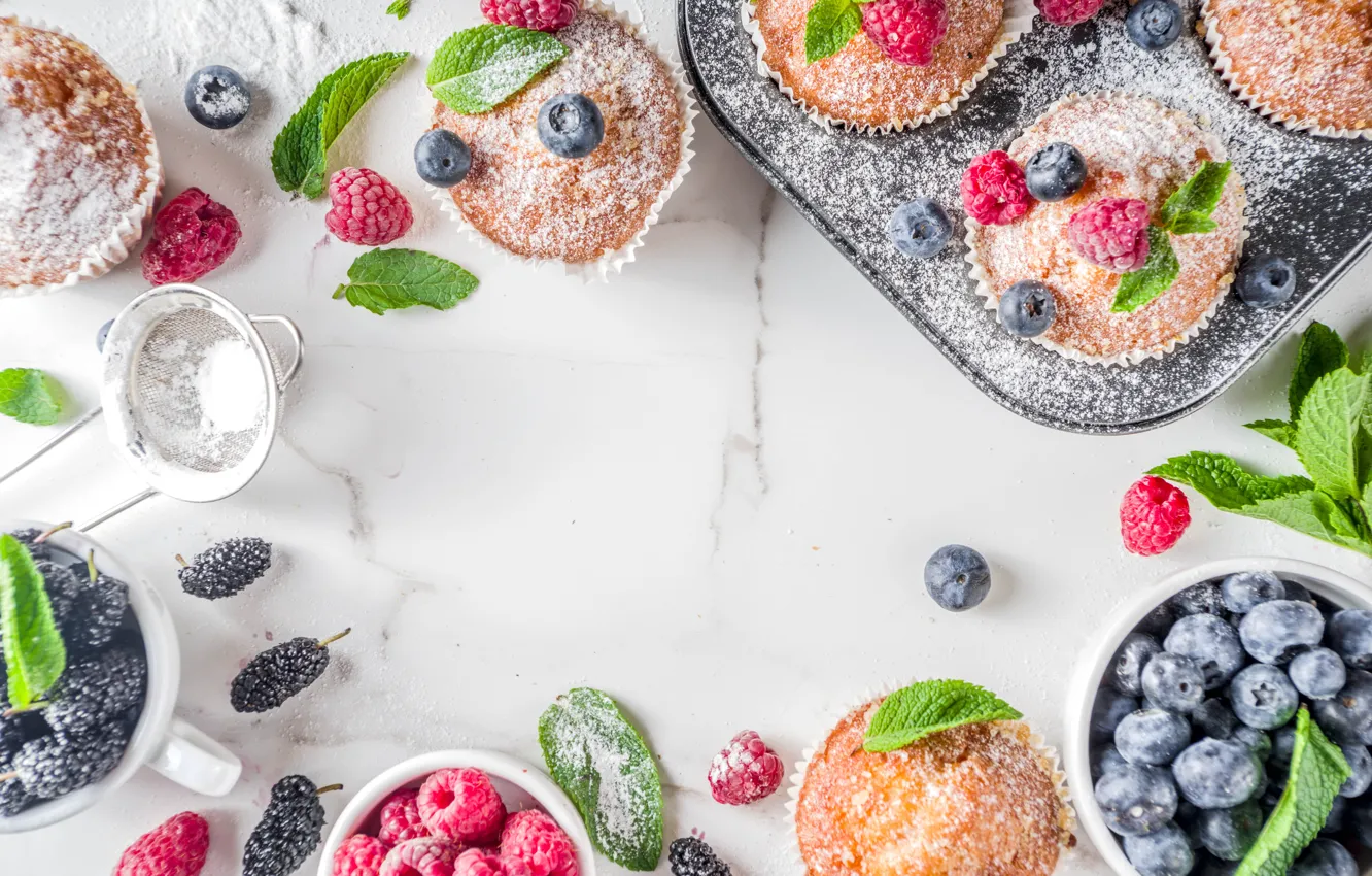 Photo wallpaper berries, blueberries, dessert, cupcakes, powdered sugar, Bondarenko Rimma