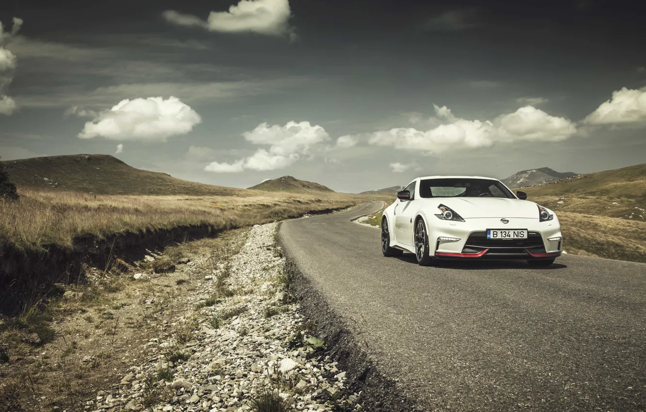 Photo wallpaper road, clouds, hills, Nissan, 370Z