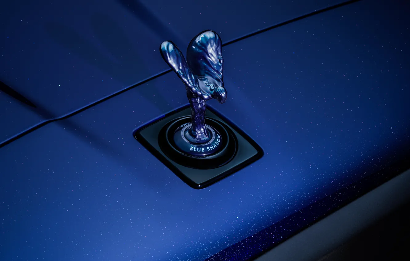 Photo wallpaper Rolls-Royce, close-up, symbol, Spirit of Ecstasy, Cullinan, Rolls-Royce Cullinan Black Badge Blue Shadow