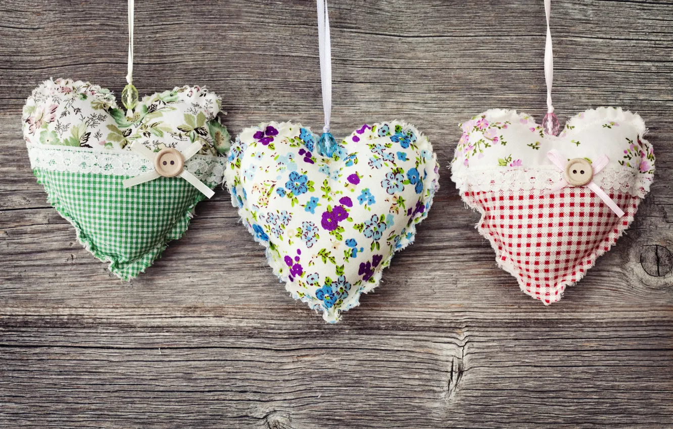 Photo wallpaper flowers, heart, hearts, fabric, buttons, pads