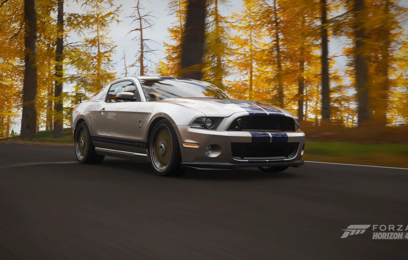 Photo wallpaper autumn, forest, mustang, ford, shelby GT-500, forza horizon 4