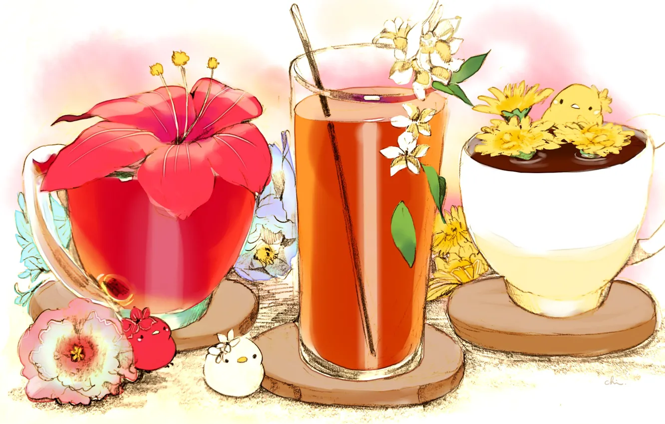 Photo wallpaper flowers, red, glass, being, juice, Cup, drink, Chicks