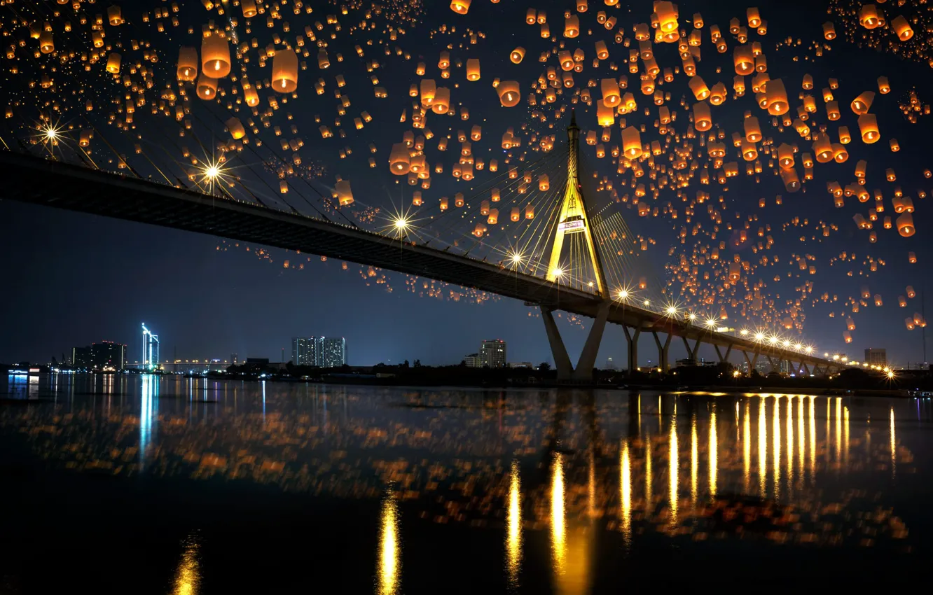 Photo wallpaper night, bridge, the city, reflection, river, shore, building, the evening