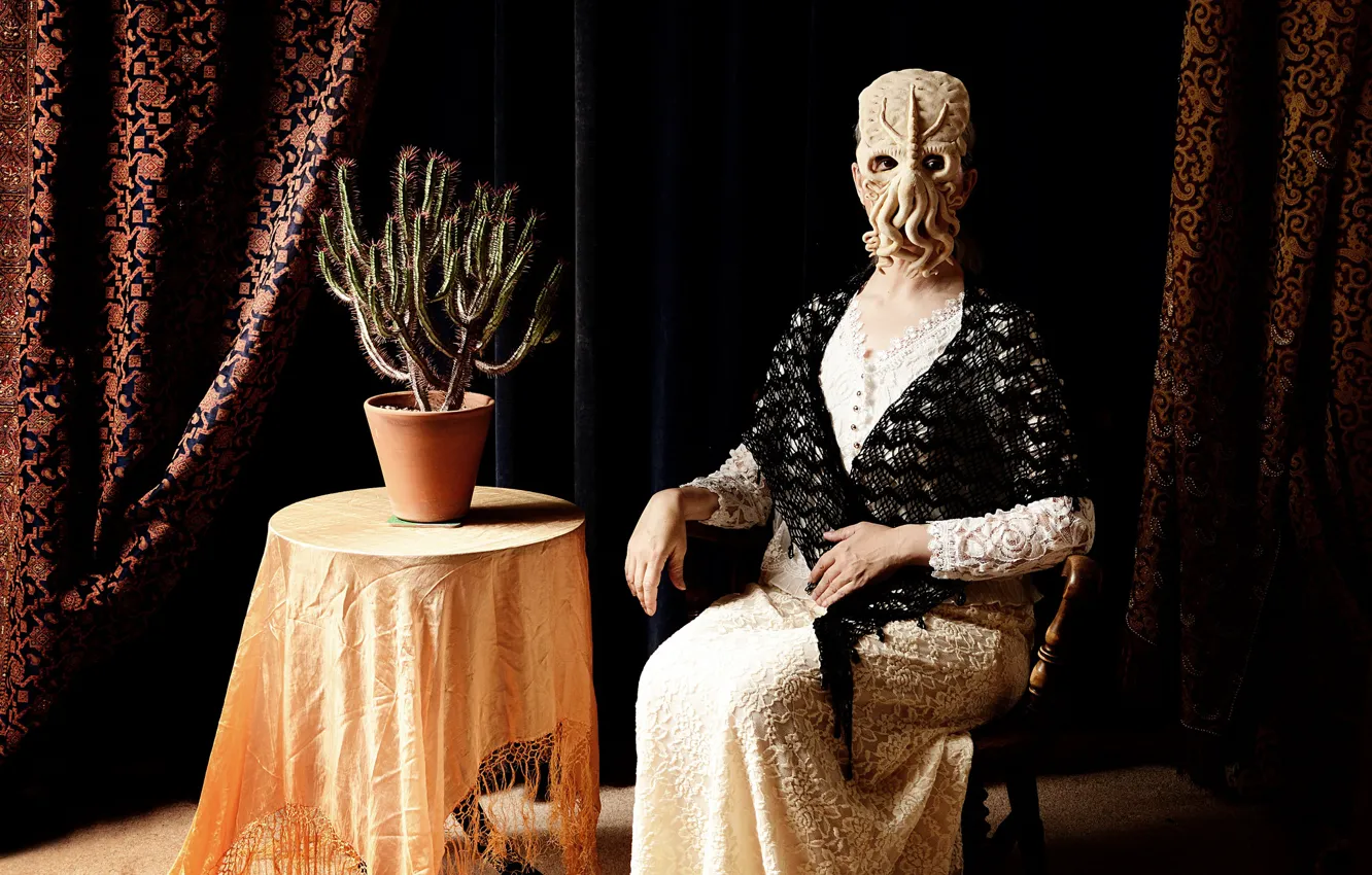 Photo wallpaper table, room, woman, the situation, cactus, mask, octopus, Cthulhu