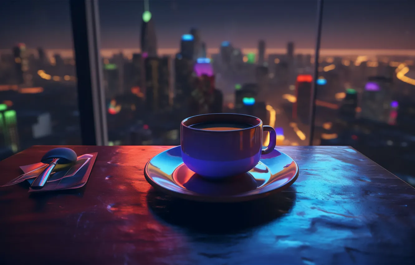 Photo wallpaper skyscrapers, night city, table, skyscrapers, a Cup of coffee, a table, AI art, The Art …