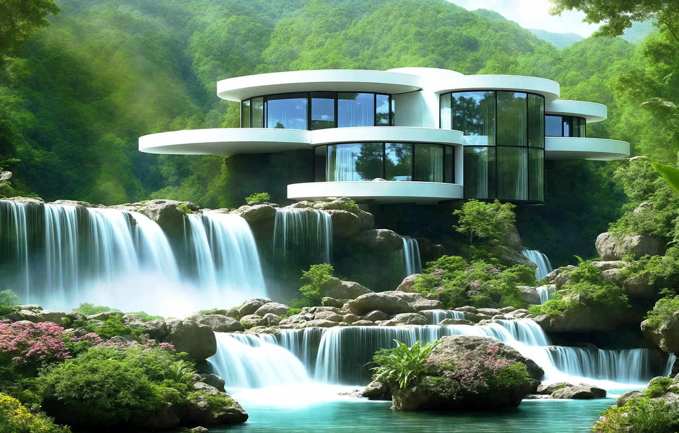 Photo wallpaper summer, trees, mountains, houses, waterfalls, architecture