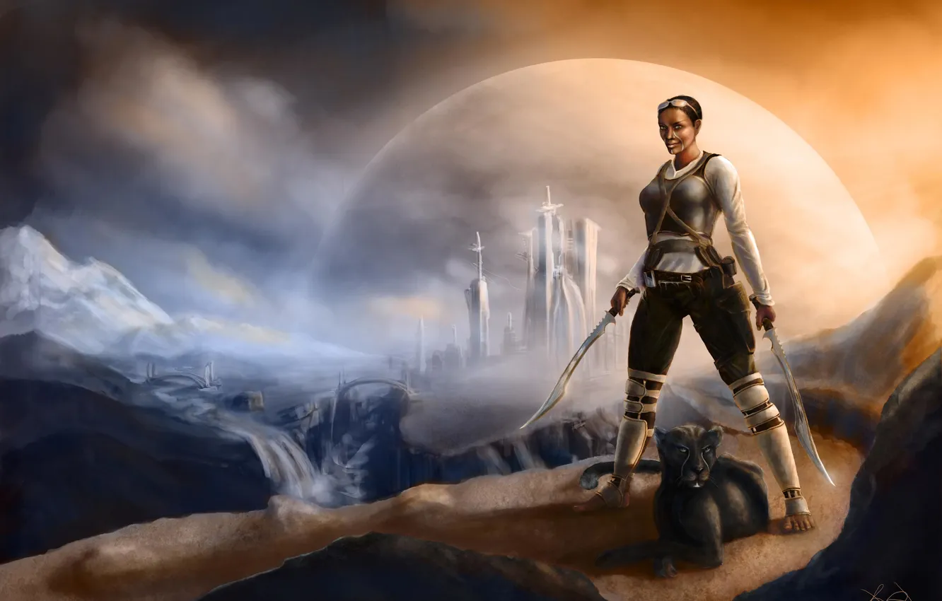 Photo wallpaper cat, girl, the city, weapons, rocks, art, the dome, saber