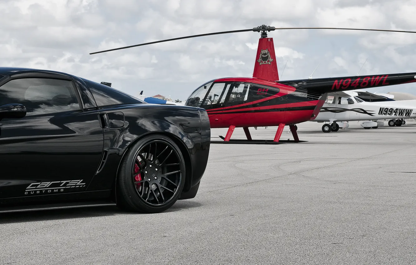 Photo wallpaper black, Z06, Corvette, Chevrolet, helicopter, Chevrolet, black, Corvette