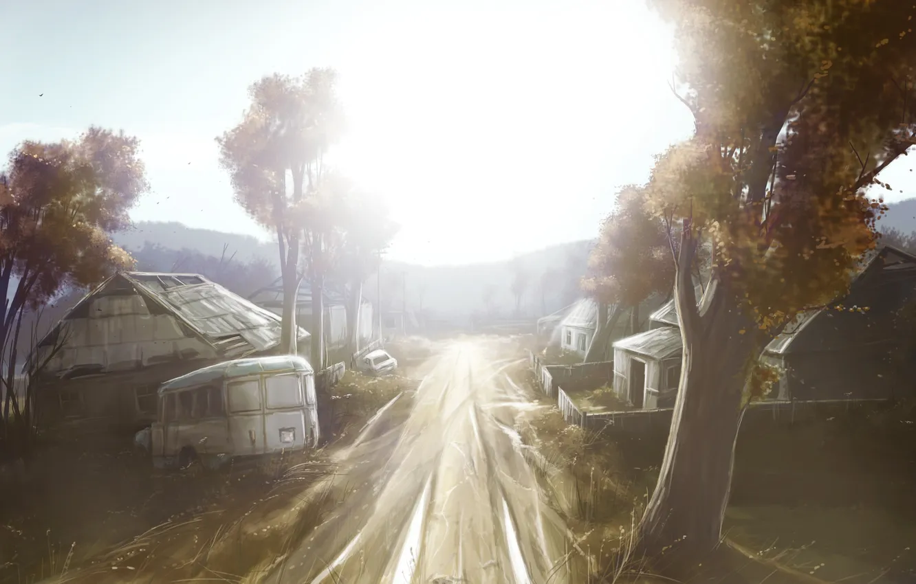 Photo wallpaper trees, the fence, the evening, village, art, bus, art, pustosh