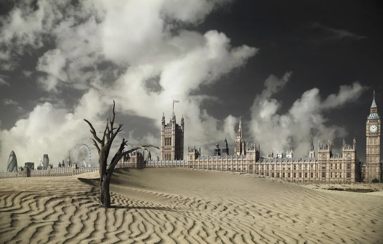 Photo wallpaper tree, desert, London, drought, Big Ben, London, The London eye, The Gherkin