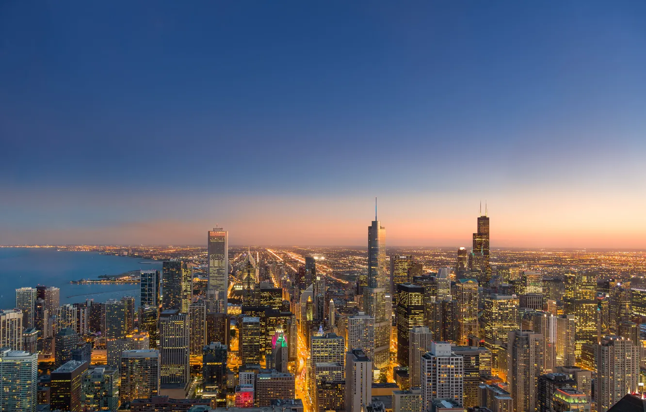 Photo wallpaper the city, lights, the evening, Chicago, panorama