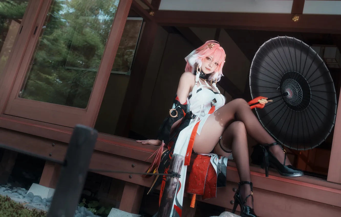 Photo wallpaper long hair, women, cosplay, asian, smiling, orange eyes, bent legs, closed mouth