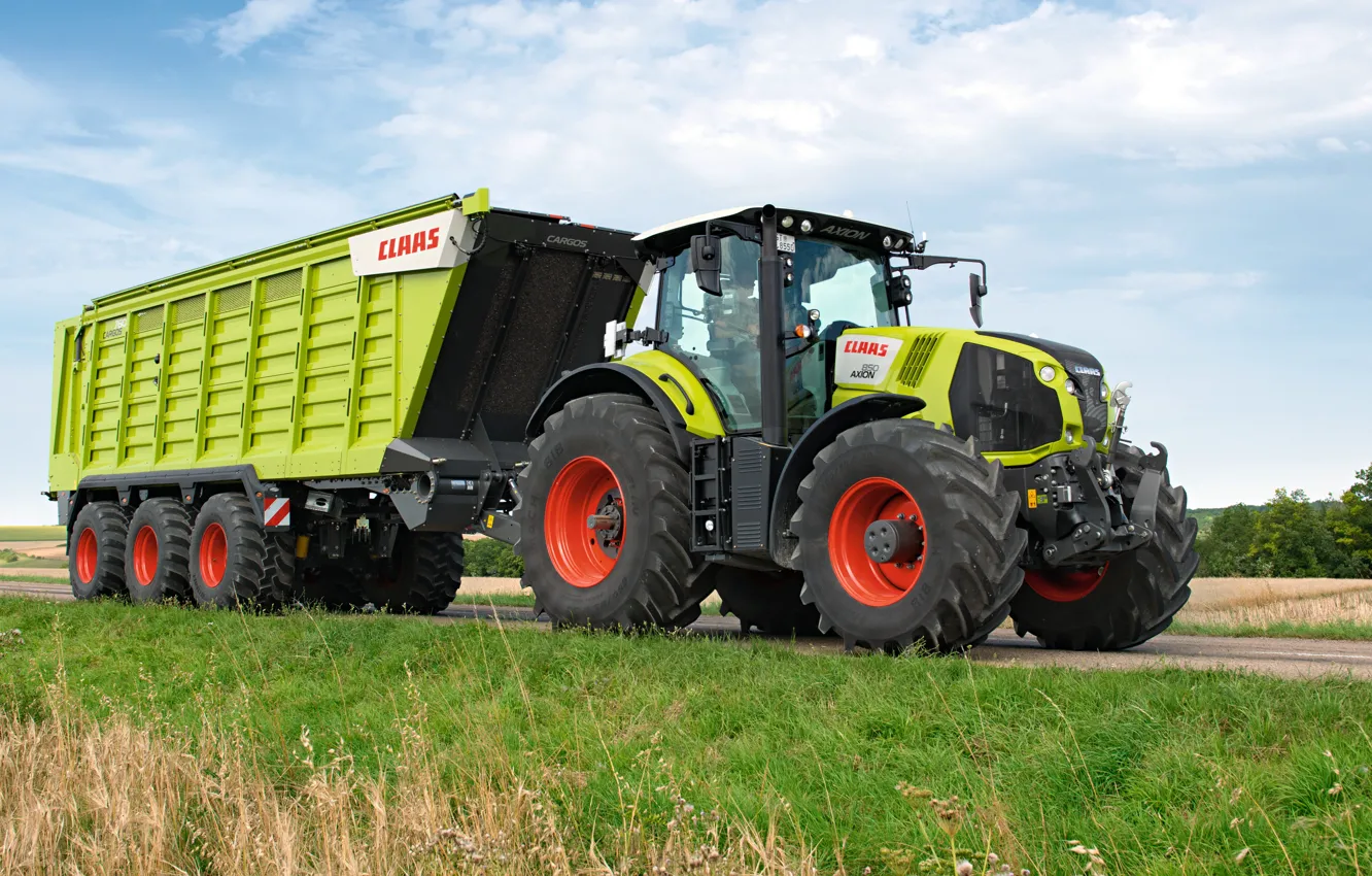 Photo wallpaper road, tractor, the trailer, Claas Axion 850