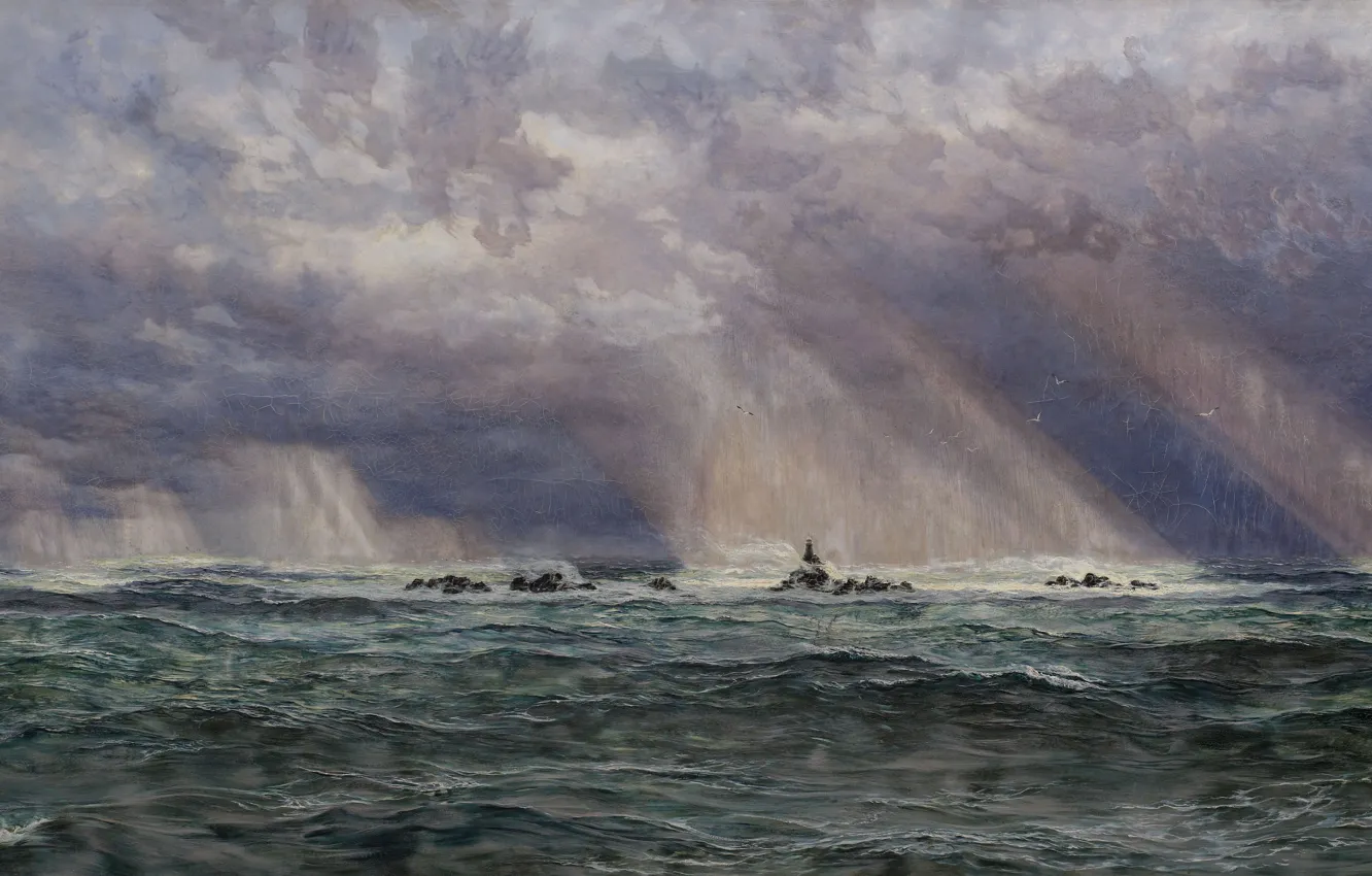 Photo wallpaper 1873, John Brett, The storm at sea with a lighthouse