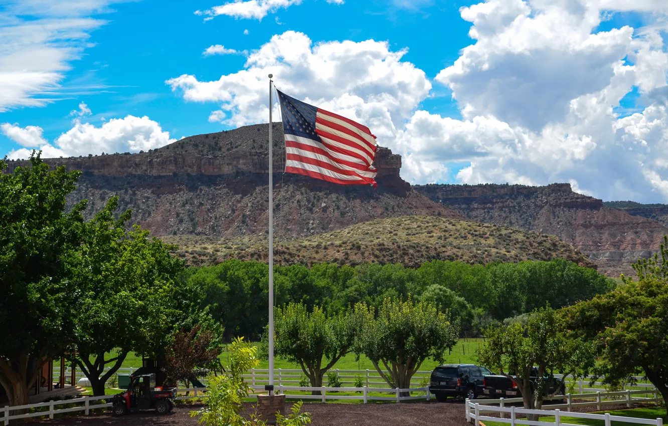 Photo wallpaper trees, mountains, flag, America, USA, ranch, the flagpole