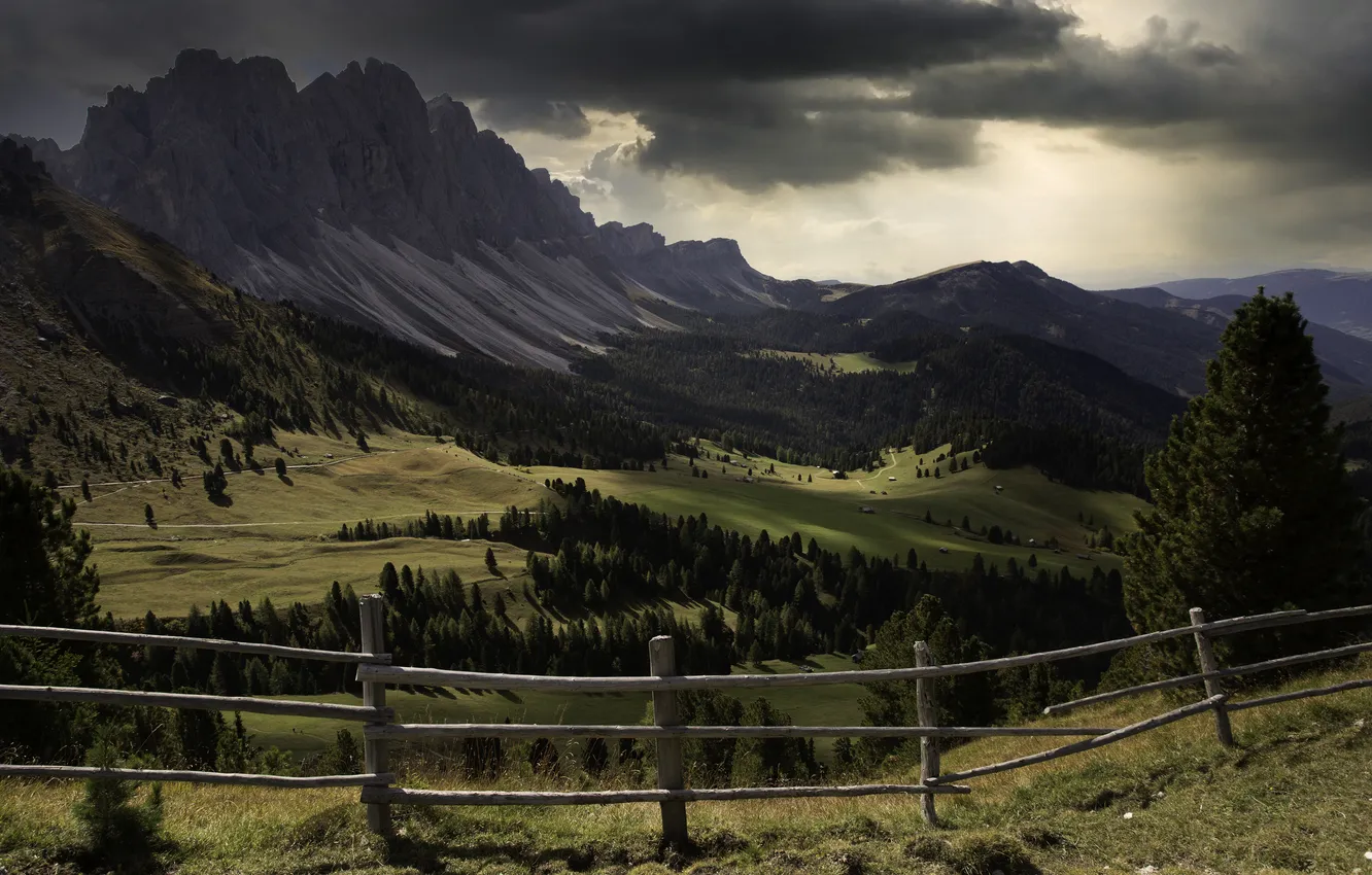 Photo wallpaper field, forest, mountains, the fence, slope, Alps, fence, The Dolomites