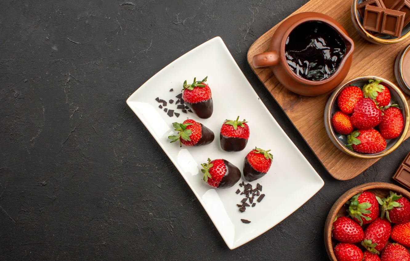 Photo wallpaper berries, background, chocolate, strawberry, plate, bowl, pitcher, fondue