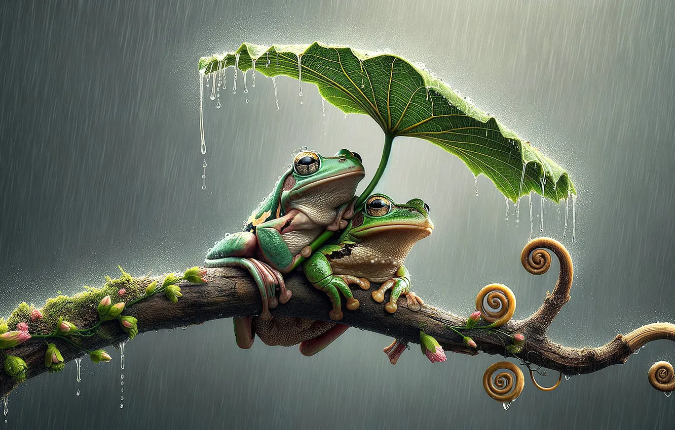 Photo wallpaper sitting, leaves, branches, flowers, look, umbrella, AI art, together
