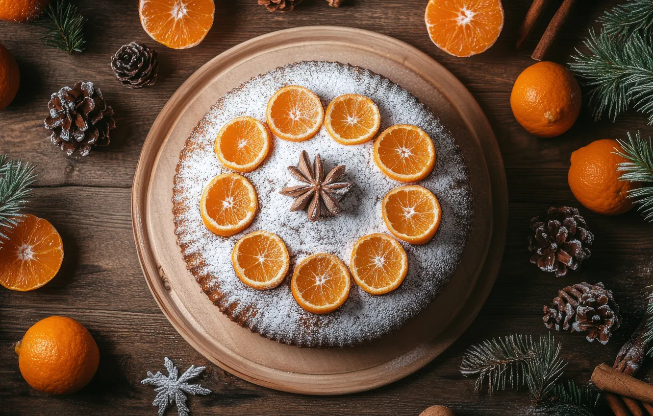 Photo wallpaper Board, new year, orange, Christmas, pie, cake, cinnamon, needles