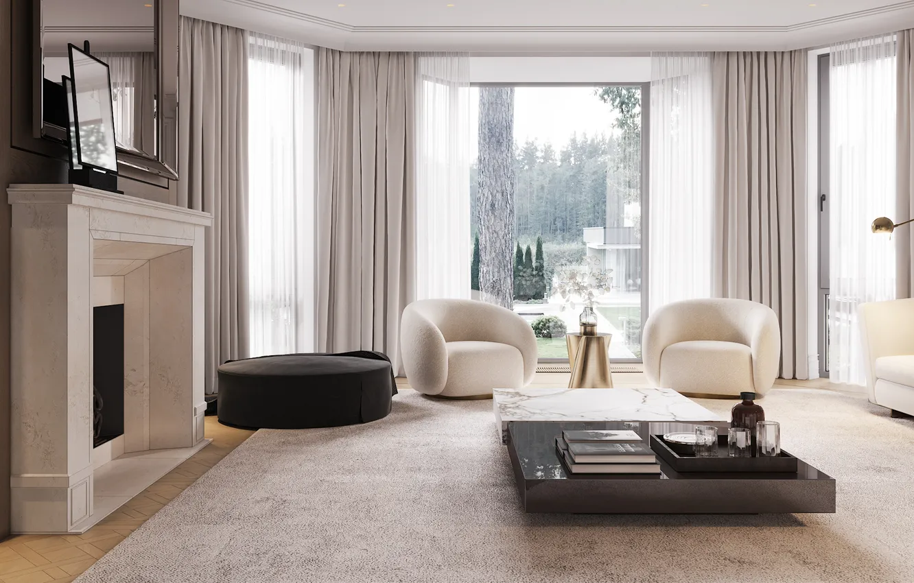 Photo wallpaper design, style, room, interior, fireplace, living room, upholstered furniture