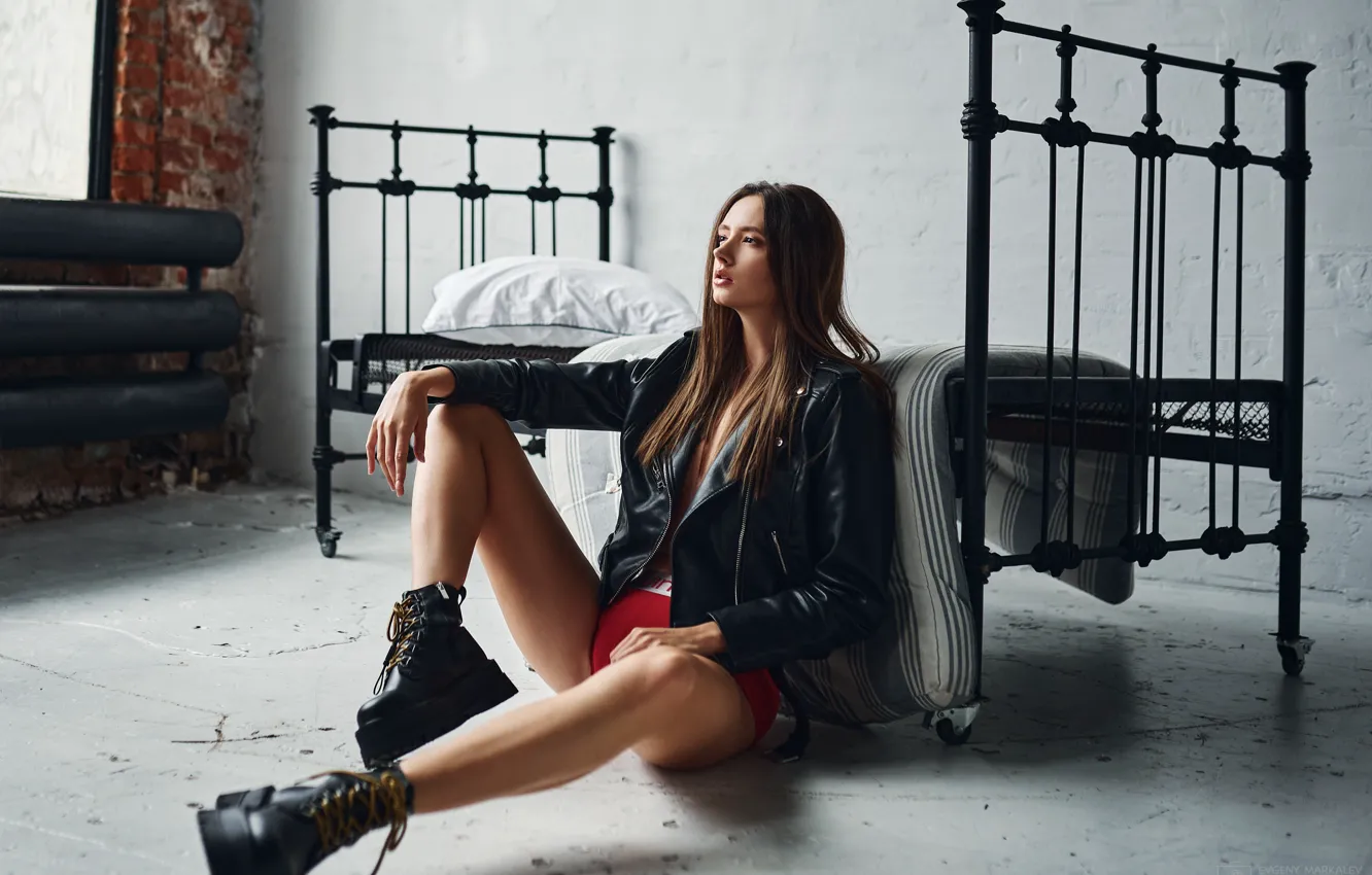 Photo wallpaper bed, shoes, brunette, jacket, legs, mattress, Disha Shemetova, Eugene Marklew