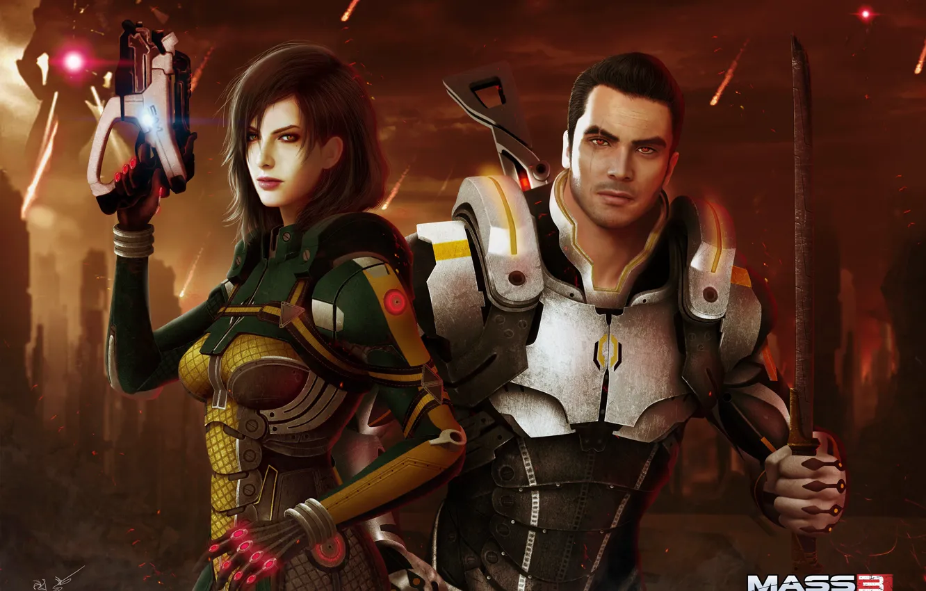 Photo wallpaper fiction, sword, mass effect, shepard, art, Kaidan Alenka