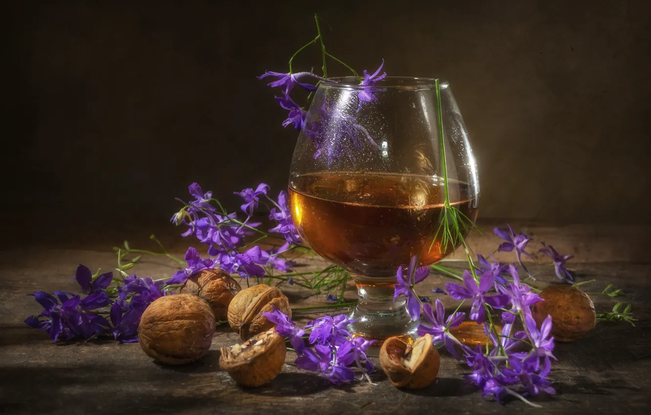 Photo wallpaper flowers, table, glass, alcohol, nuts, still life, lilac, walnut