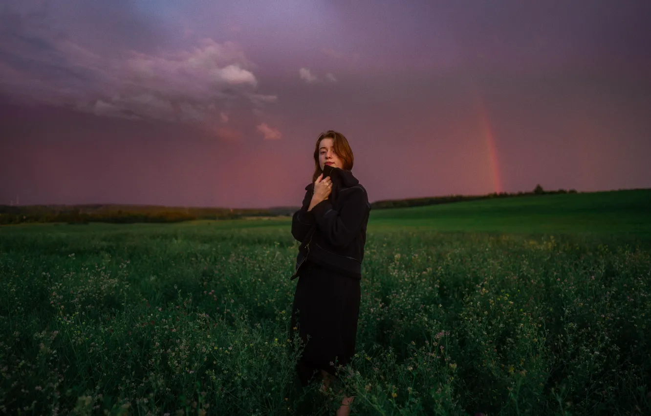 Photo wallpaper field, green grass, rainbow, the evening, space, space, rainbow, field