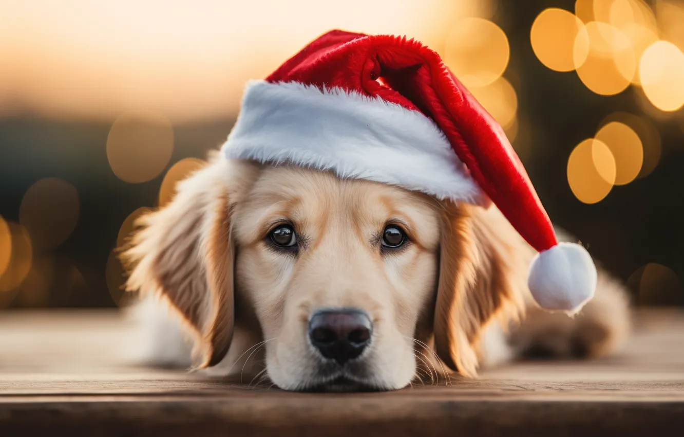 Photo wallpaper look, pose, new year, portrait, dog, Christmas, puppy, face