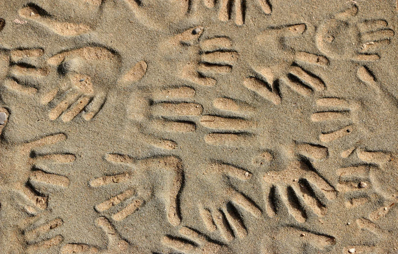 Photo wallpaper sand, background, hands, imprint