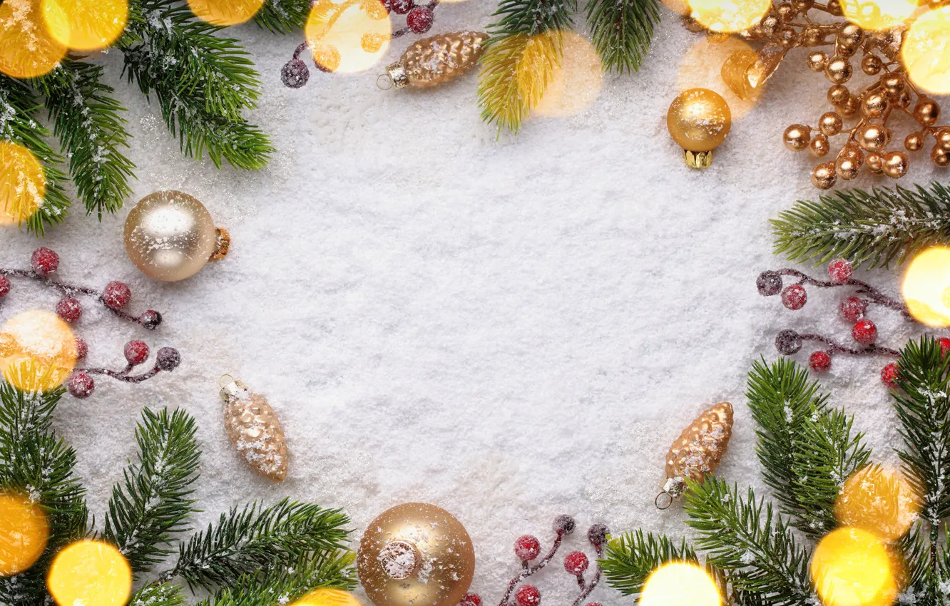 Photo wallpaper snow, decoration, balls, tree, New Year, Christmas, Christmas, snow
