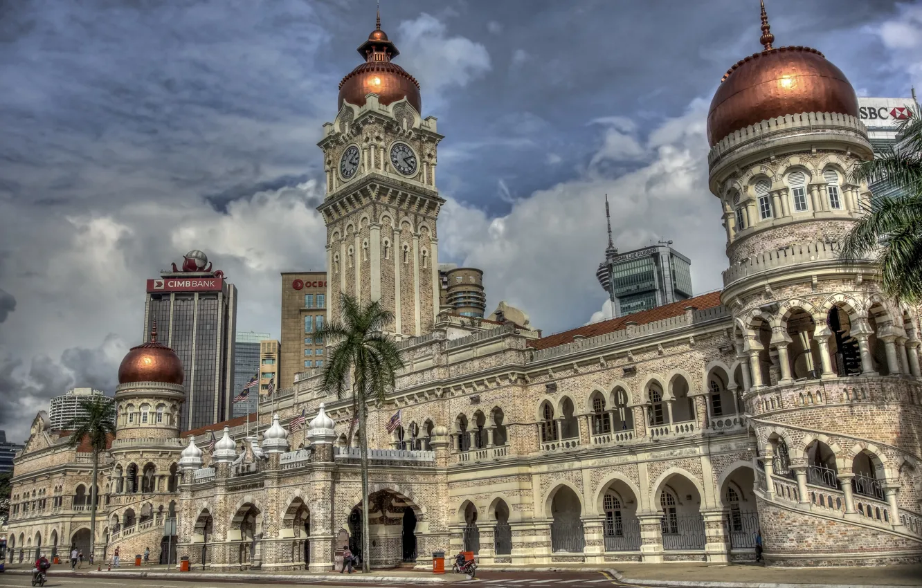 Photo wallpaper palm trees, watch, building, tower, the dome, Malaysia, Kuala Lumpur, Malaysia