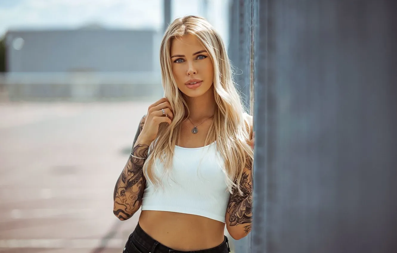 Photo wallpaper tattoo, blonde, tattoo, eyes, pretty, tattoo, lips, Kucil Photography