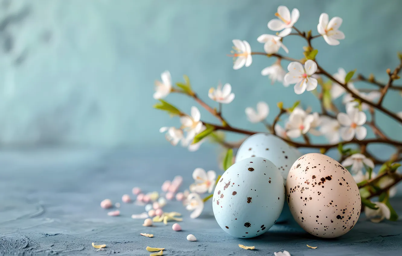 Photo wallpaper flowers, eggs, spring, colorful, Easter, blossom, flowers, spring