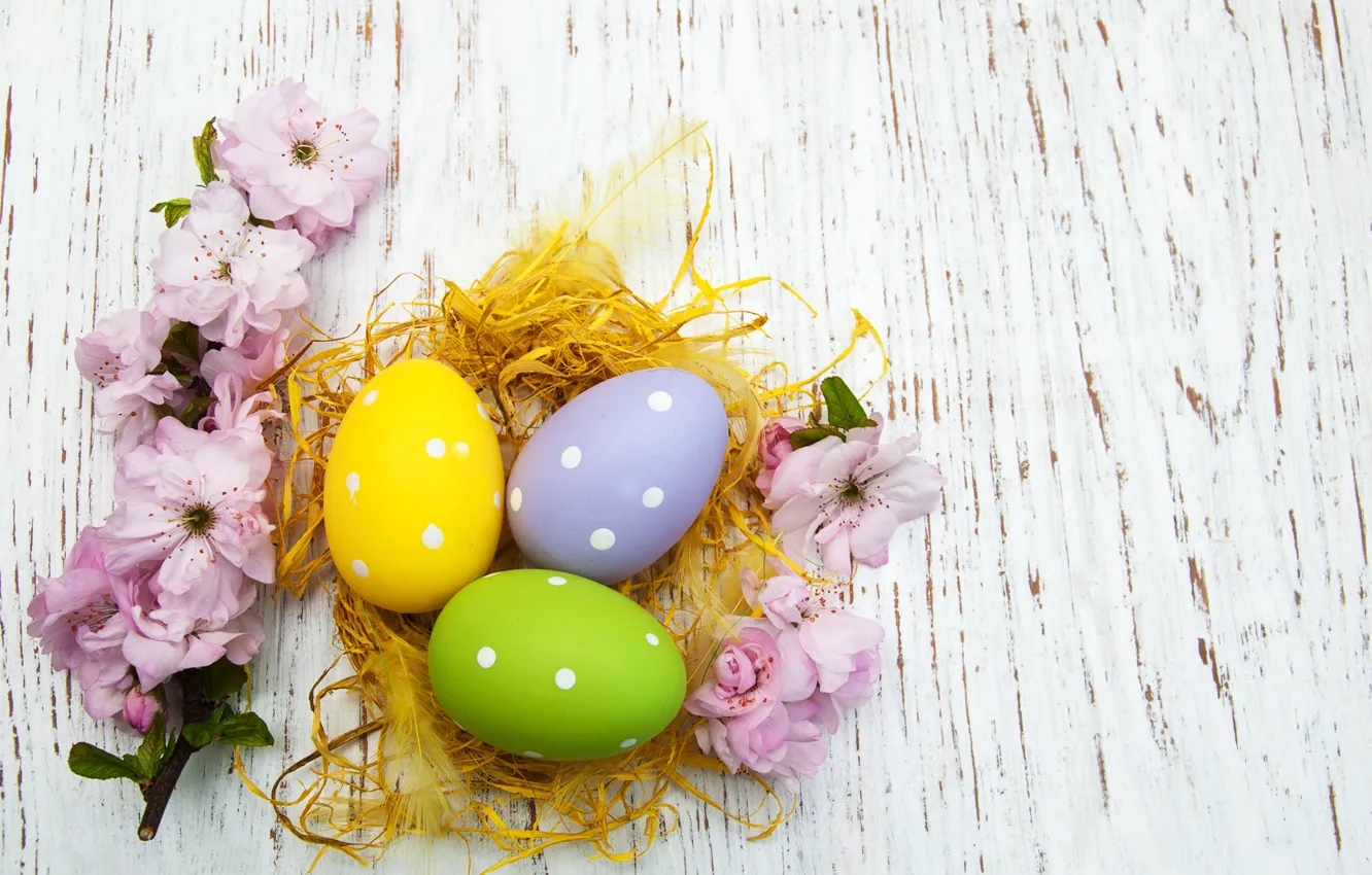 Photo wallpaper flowers, eggs, spring, colorful, Easter, happy, wood, pink