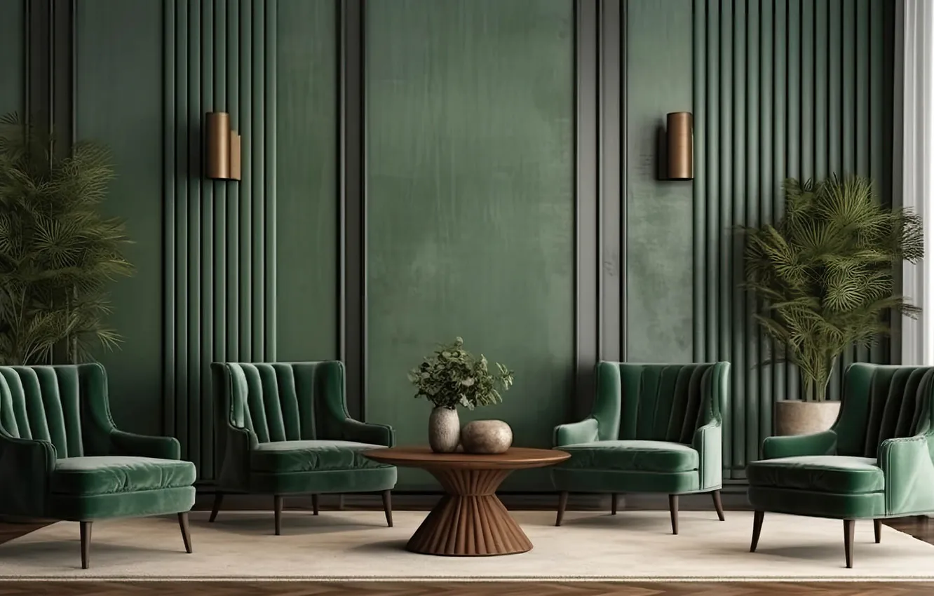 Photo wallpaper design, style, room, plant, chair, living room, green color in the interior