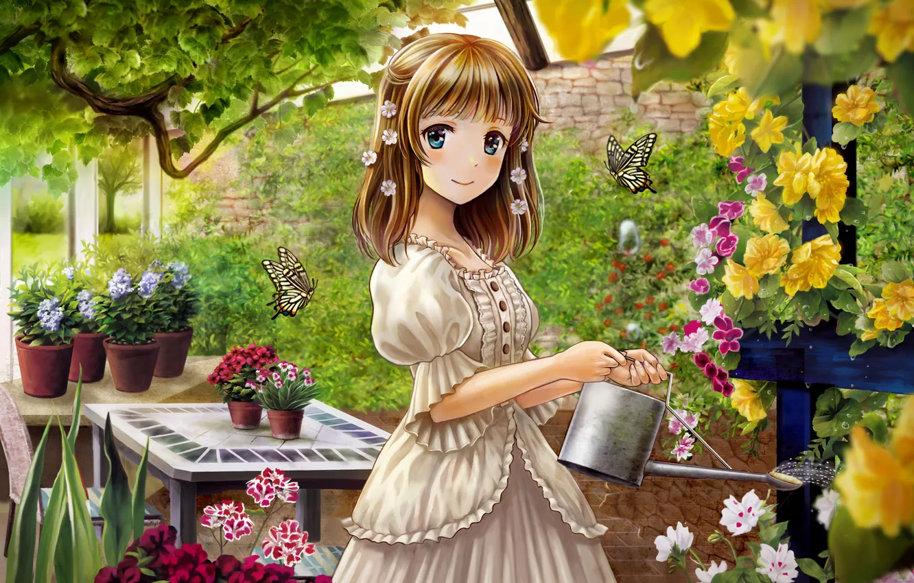 Photo wallpaper greens, girl, flowers, table, butterfly, garden, dress, art