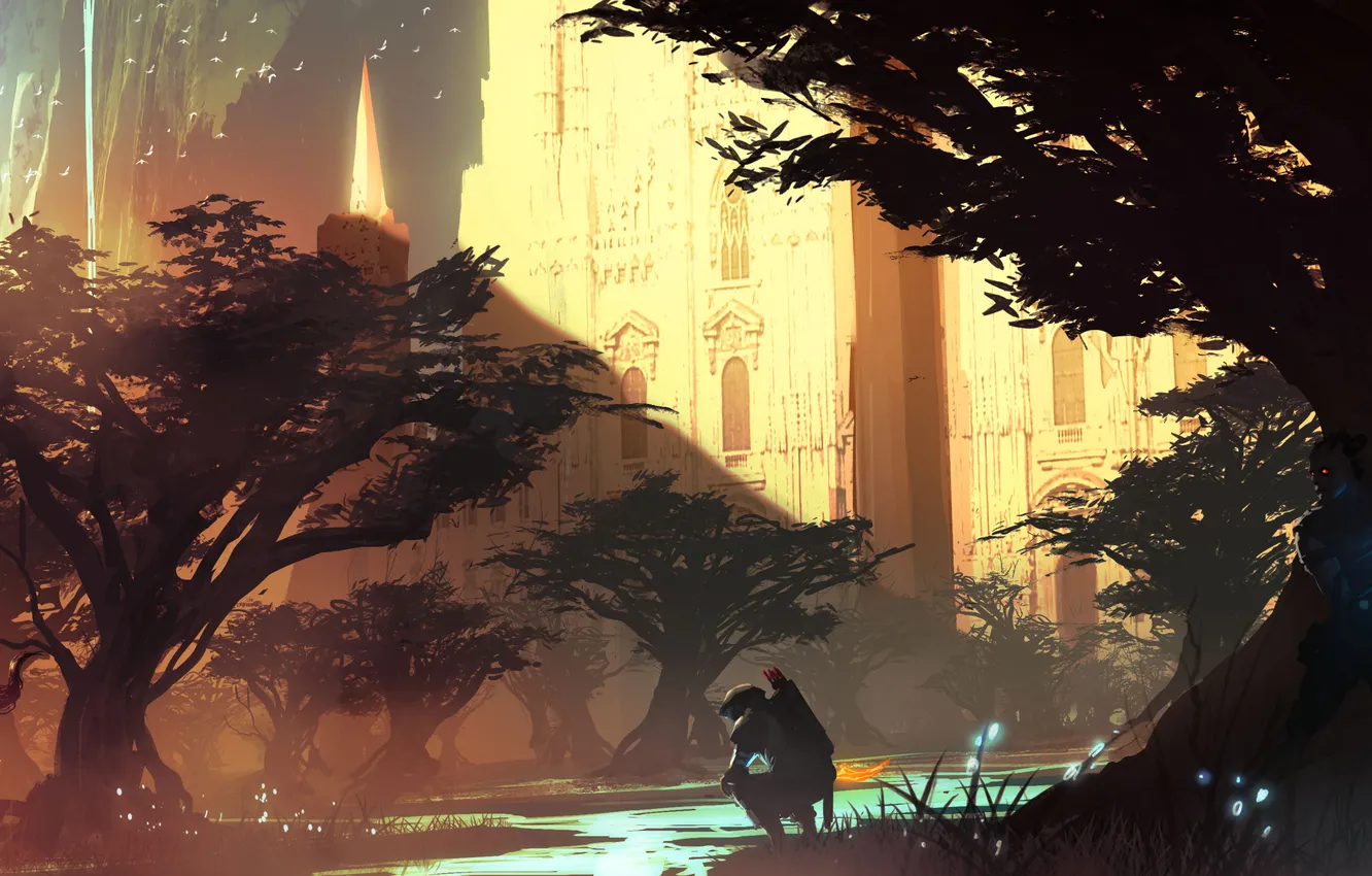 Photo wallpaper trees, river, weapons, castle, bird, magic, waterfall, being