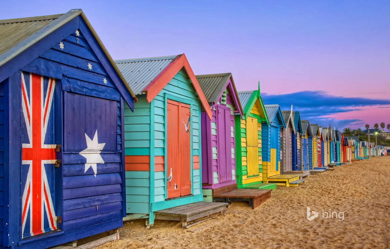 Photo wallpaper sand, the sky, clouds, sunset, Victoria, Australia, Brighton, beach houses