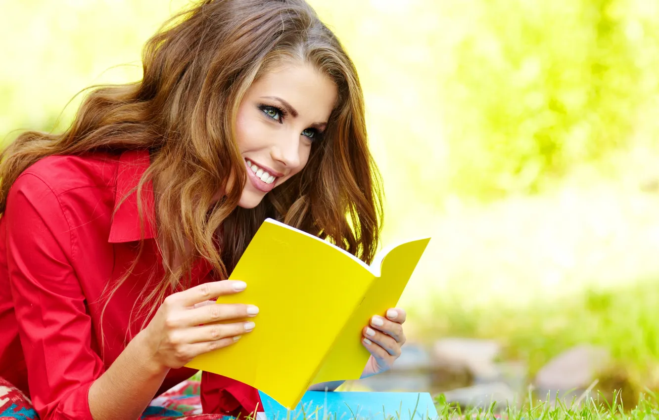 Photo wallpaper grass, look, girl, red, nature, smile, Park, book