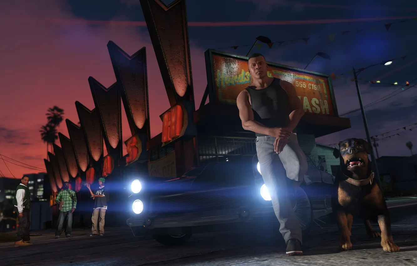 Photo wallpaper night, dog, Los Santos, Franklin, gta 5, chop