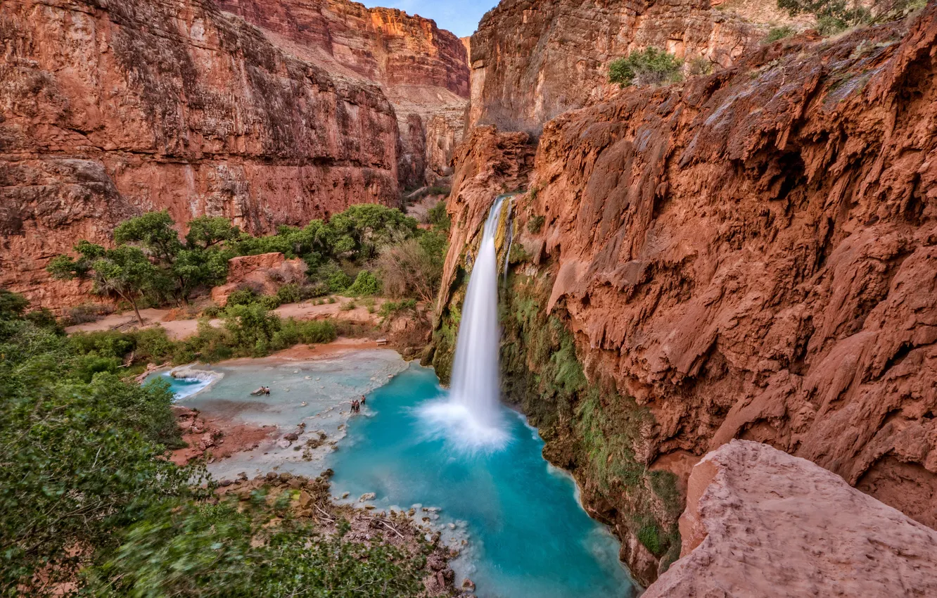 Photo wallpaper rocks, waterfall, canyon, AZ, gorge, USA, reservation Havasupai, Havasu Falls