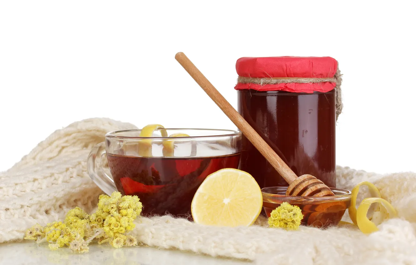 Photo wallpaper lemon, towel, honey, Cup, Bank, sweets, lemon, honey