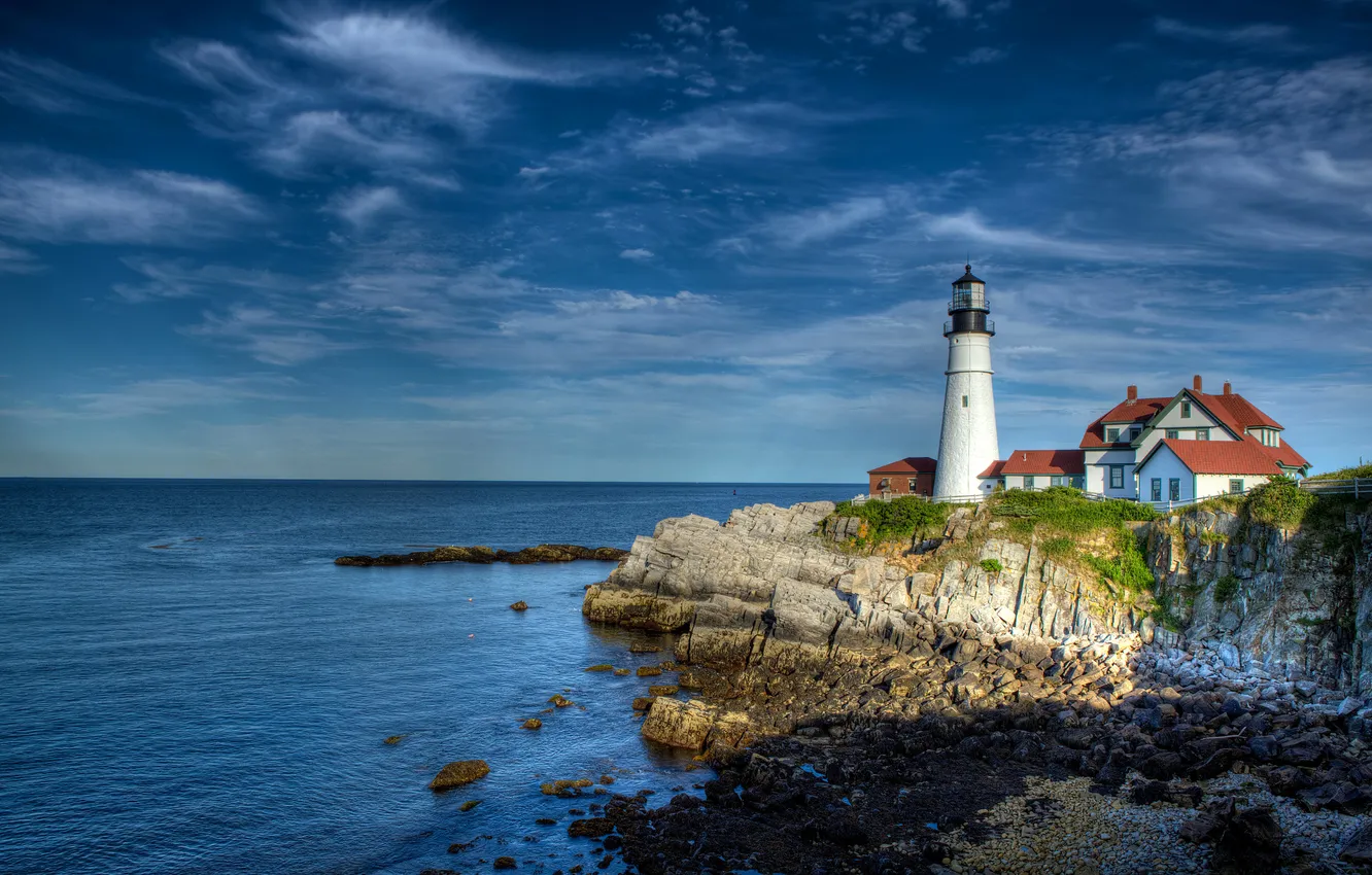 Photo wallpaper sea, the sky, clouds, stones, lighthouse, home, USA, Oregon